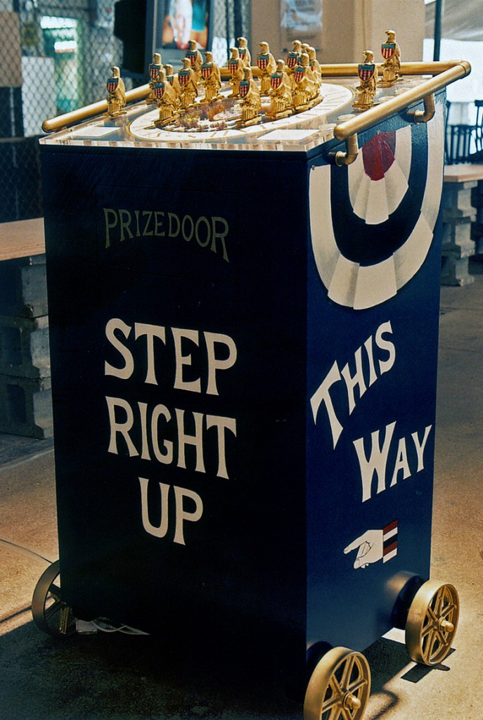 Whistle Stop Stumping Podium from back with the text "Step Right Up"