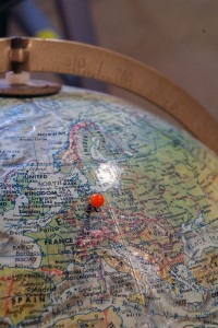 Post-WWII globe with Leipzig marked by a pin
